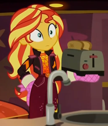 Size: 373x436 | Tagged: safe, screencap, sunset shimmer, better together, equestria girls, sunset's backstage pass!, clothes, cropped, female, geode of empathy, jacket, magical geodes, music festival outfit, oven mitts, pants, toaster