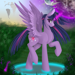 Size: 1500x1500 | Tagged: safe, artist:santagiera, derpibooru import, twilight sparkle, twilight sparkle (alicorn), alicorn, pony, female, magic, mare, smiling, solo