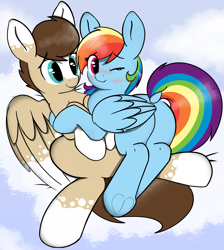 Size: 5865x6536 | Tagged: safe, artist:itsmeelement, derpibooru import, rainbow dash, oc, oc:skittle, pegasus, pony, blushing, canon x oc, cloud, cuddling, cute, dock, female, looking back, male, mare, one eye closed, shipping, skidash, stallion, straight, wink