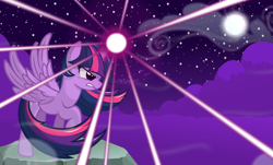 Size: 5300x3200 | Tagged: safe, artist:godoffury, derpibooru import, twilight sparkle, twilight sparkle (alicorn), alicorn, pony, angry, cloud, female, magic, mare, moon, solo, starry night