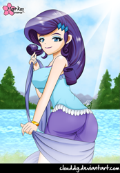 Size: 697x1000 | Tagged: safe, artist:clouddg, rarity, equestria girls, legend of everfree, ass, bracelet, camp everfree outfits, clothes, female, human coloration, lake, looking at you, nail polish, rear view, signature, smiling, solo, tree