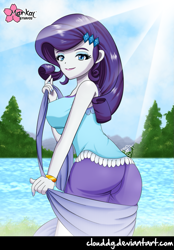 Size: 697x1000 | Tagged: safe, artist:clouddg, rarity, equestria girls, legend of everfree, ass, bracelet, camp everfree outfits, crepuscular rays, cute, female, lake, looking at you, nail polish, raribetes, rear view, rearity, signature, smiling, solo, tree