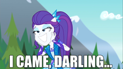 Size: 1100x618 | Tagged: safe, edit, edited screencap, screencap, rarity, human, equestria girls, legend of everfree, caption, darling, i came, image macro, impact font, implied orgasm, jewelry, meme, mountain, ponied up, sparkles, super ponied up, text, tree