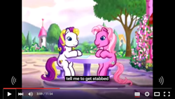 Size: 640x360 | Tagged: safe, screencap, pinkie pie, puzzlemint, earth pony, pony, g3, meme, youtube caption