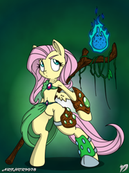 Size: 598x800 | Tagged: safe, artist:arthur9078, artist:dfectivedvice, fluttershy, pegasus, pony, semi-anthro, clothes, druid, fire, flutterdruid, mage, magic, solo, staff