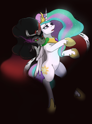 Size: 2850x3840 | Tagged: safe, artist:kittytitikitty, derpibooru import, king sombra, princess celestia, alicorn, pony, unicorn, celestibra, female, green tongue, hoof shoes, male, neck biting, shipping, sombra eyes, straight, tongue out