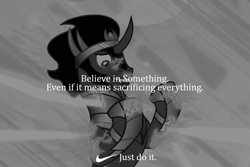 Size: 800x534 | Tagged: safe, derpibooru import, edit, edited screencap, screencap, king sombra, pony, unicorn, the crystal empire, believe in something, black and white, cambria, grayscale, just do it, monochrome, nike