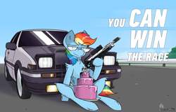 Size: 8000x5120 | Tagged: safe, artist:difis, derpibooru import, rainbow dash, pegasus, pony, cake, car, flamethrower, food, not a flamethrower, solo, text, toyota, weapon