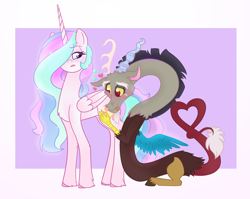 Size: 2000x1588 | Tagged: safe, artist:pigzfairy, discord, princess celestia, alicorn, pony, :p, blushing, cute, discute, dislestia, eyes on the prize, frown, hair over one eye, heart, lidded eyes, male, missing accessory, praise the sun, shipping, smiling, squishy cheeks, straight, tongue out, unamused, unshorn fetlocks