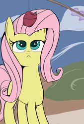 Size: 1024x1512 | Tagged: safe, artist:flutteriot, fluttershy, pegasus, pony, :<, apple, magic, solo, telekinesis