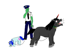 Size: 2400x1600 | Tagged: safe, artist:horsesplease, derpibooru import, king sombra, party favor, oc, oc:anon, human, pony, unicorn, barking, behaving like a dog, clothes, collar, disappointed, doggie favor, facepalm, leash, male, paint tool sai, police officer, policeman, sniffing, sombra dog, stallion, uniform, upset, year of the dog