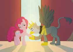 Size: 1151x820 | Tagged: safe, artist:carnifex, king grover, pinkie pie, earth pony, griffon, pony, the lost treasure of griffonstone, anachronism, bedroom eyes, blushing, crown, crown of grover, eyes closed, female, groverpie, hoof kissing, jewelry, kissing, lip bite, male, old charmer, raised leg, regalia, shipping, smiling, spread wings, straight, this will end in timeline distortion