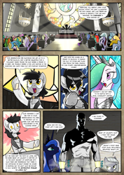 Size: 1363x1920 | Tagged: safe, artist:pencils, limestone pie, princess celestia, princess luna, oc, oc:anon, oc:padlock, alicorn, earth pony, human, pony, unicorn, comic:anon's pie adventure, belt, belt buckle, bracer, choker, church, clerical robes, clothes, comic, crown, dialogue, female, frog (hoof), glowing eyes, greek, human male, jewelry, looking back, male, mare, mind control, necklace, neo noir, open mouth, pants, partial color, podium, pointing, praise the sun, regalia, robes, shirt, shit just got real, sitting, smiling, speech bubble, stained glass, stallion, translated in the comments, underhoof