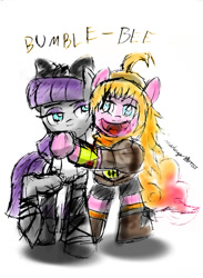 Size: 1024x1400 | Tagged: safe, artist:mudslingerartist, maud pie, pinkie pie, earth pony, pony, blake belladonna, clothes, cosplay, costume, crossover, female, hug, rooster teeth, rwby, simple background, yang xiao long