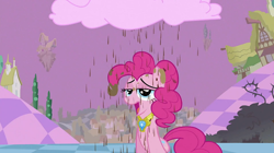 Size: 1280x718 | Tagged: safe, screencap, pinkie pie, earth pony, pony, the return of harmony, chaos, chocolate, chocolate milk, chocolate rain, cloud, cotton candy, cotton candy cloud, discorded landscape, element of laughter, female, food, looking at you, mare, ponyville, rain, solo, tongue out