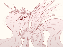 Size: 4000x3000 | Tagged: safe, artist:ncmares, princess celestia, alicorn, pony, crown, cutie mark, horn, jewelry, lidded eyes, monochrome, necklace, praise the sun, regalia, royalty, simple background, sketch, smiling, solo, spread wings, sunbutt, tiara, wings