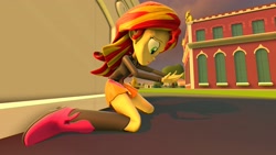 Size: 3840x2160 | Tagged: safe, artist:wissle, sunset shimmer, equestria girls, 3d, atg 2019, canterlot high, female, frown, kneeling, looking down, newbie artist training grounds, open mouth, scared, solo, source filmmaker, statue, surprised