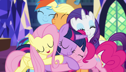 Size: 1870x1076 | Tagged: safe, derpibooru import, screencap, applejack, fluttershy, pinkie pie, rainbow dash, rarity, twilight sparkle, twilight sparkle (alicorn), alicorn, earth pony, pegasus, pony, unicorn, equestria girls, rainbow rocks, cuddle puddle, cuddling, eyes closed, female, group, group hug, hug, mane six, mare, pony pile, smiling