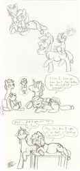 Size: 704x1500 | Tagged: safe, artist:tatta-kasame, applejack, flim, oc, earth pony, pony, female, flimjack, male, monochrome, offspring, parent:applejack, parent:flim, parents:flimjack, pencil drawing, pregnant, shipping, sketch, straight, traditional art