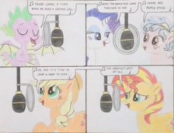 Size: 2792x2135 | Tagged: safe, artist:don2602, applejack, cozy glow, rarity, spike, sunset shimmer, dragon, earth pony, pegasus, pony, unicorn, comic:g4 we are the world, end of ponies, eyes closed, looking up, microphone, recording, song reference, traditional art, we are the world, winged spike