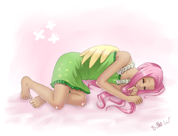 Size: 2581x1970 | Tagged: safe, artist:missangest, fluttershy, human, barefoot, breasts, clothes, delicious flat chest, dress, feet, female, flattershy, humanized, sleeping, winged humanization