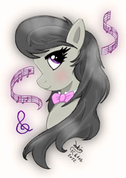 Size: 850x1200 | Tagged: safe, artist:joakaha, octavia melody, earth pony, pony, blushing, bust, cutie mark, female, mare, music notes, portrait, signature, simple background, smiling, solo, white background