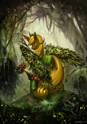 Size: 1237x1750 | Tagged: safe, artist:eosphorite, applejack, alicorn, pony, alicornified, apple tree, applecorn, armor, awesome, badass, element of honesty, epic, everfree forest, hammer, looking at you, older, race swap, scenery porn, solo, war hammer, weapon