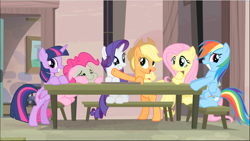 Size: 1669x942 | Tagged: safe, derpibooru import, screencap, applejack, fluttershy, pinkie pie, rainbow dash, rarity, twilight sparkle, twilight sparkle (alicorn), alicorn, earth pony, pegasus, pony, unicorn, the cutie map, acting, applejack's hat, bipedal, bipedal leaning, cowboy hat, female, freckles, green face, group, hat, leaning, mane six, mare, open mouth, raised hoof, sitting, smiling, table, teeth
