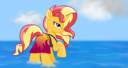 Size: 7340x3900 | Tagged: safe, artist:ejlightning007arts, sunset shimmer, pony, absurd resolution, beautiful, bunset shimmer, clothes, equestria girls outfit, raised hoof, sarong, swimsuit, water