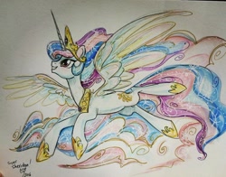 Size: 1080x847 | Tagged: safe, artist:sararichard, princess celestia, alicorn, pony, flying, solo, traditional art, watercolor painting