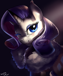 Size: 4080x4920 | Tagged: safe, artist:mrscurlystyles, rarity, pony, unicorn, absurd resolution, bust, clothes, eyeshadow, featured on derpibooru, female, gift art, looking at you, makeup, mare, one eye closed, portrait, smiling, solo, wink