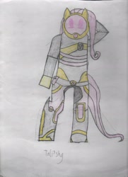 Size: 2544x3508 | Tagged: safe, artist:meanlucario, fluttershy, alien, pegasus, pony, crossover, female, mass effect, quarian, solo, tali'zorah vas normandy, traditional art