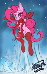 Size: 710x1111 | Tagged: safe, artist:foldeath, pinkie pie, earth pony, pony, clothes, female, jumping, large ears, looking at you, scarf, sketch, smiling, solo, starry eyes, stockings, thigh highs, wingding eyes, winter, wip