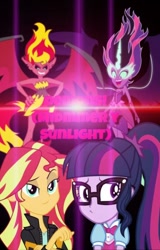 Size: 352x550 | Tagged: source needed, safe, midnight sparkle, sci-twi, sunset satan, sunset shimmer, twilight sparkle, equestria girls, black background, light, midnightsatan, simple background