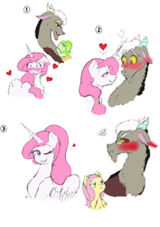 Size: 2480x3508 | Tagged: safe, artist:miyathegoldenflower, discord, fluttershy, princess celestia, alicorn, pegasus, pony, blushing, dislestia, fluttershipper, foal, glasses, heart, male, pink-mane celestia, shipper on deck, shipping, straight, younger