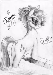 Size: 2481x3493 | Tagged: safe, artist:3500joel, rarity, pony, unicorn, female, grayscale, looking at you, looking back, mare, monochrome, plot, rearity, smiling, solo, sunglasses, swimming pool, traditional art