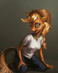 Size: 724x900 | Tagged: safe, artist:assasinmonkey, applejack, anthro, unguligrade anthro, clothes, solo