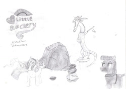 Size: 1024x724 | Tagged: safe, artist:ed-skar, derpibooru import, boulder (pet), discord, fluttershy, maud pie, rocky, tom, twilight sparkle, pegasus, pony, maud pie (episode), stare master, logo, pencil drawing, rock, statue, stoned, traditional art, wip