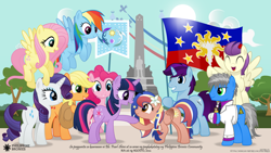 Size: 5765x3242 | Tagged: safe, artist:jhayarr23, derpibooru import, applejack, fluttershy, pinkie pie, rainbow dash, rarity, twilight sparkle, oc, oc:pearl shine, earth pony, pegasus, pony, unicorn, equestrian flag, female, filipino, flag, male, mane six, mare, nation ponies, philippines, ponified, stallion, sun, tagalog