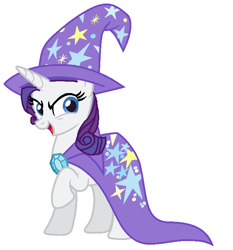 Size: 653x701 | Tagged: safe, artist:diana173076, rarity, pony, unicorn, accessory swap, cape, clothes, hat, raised hoof, simple background, solo, the great and powerful, trixie's cape, trixie's hat, white background