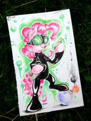 Size: 2448x3264 | Tagged: safe, artist:yellowrobin, pinkie pie, earth pony, pony, bomb, catsuit, latex suit, night vision goggles, pocket watch, solo, spy, traditional art