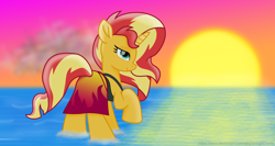 Size: 7340x3900 | Tagged: safe, artist:ejlightning007arts, sunset shimmer, pony, unicorn, female, mare, pun, raised hoof, sarong, sunset, sunshine shimmer, visual pun, water