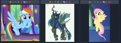 Size: 738x265 | Tagged: safe, derpibooru import, fluttershy, queen chrysalis, rainbow dash, changeling, changeling queen, pegasus, pony, derpibooru, juxtaposition, juxtaposition win, meme, meta