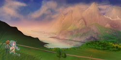 Size: 1500x750 | Tagged: safe, artist:slamjam, princess celestia, human, bob ross, field, grass, lake, mountain, mountain range, scenery, sunset