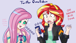 Size: 1920x1080 | Tagged: safe, artist:melliedraws, fluttershy, sunset shimmer, equestria girls, blushing, dialogue, duo, female, gamer sunset, geode of fauna, human coloration, magical geodes, open mouth, phone, stars