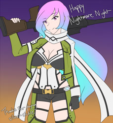 Size: 1280x1400 | Tagged: safe, artist:jonfawkes, princess celestia, human, series:nightmare war, breasts, cleavage, clothes, cosplay, costume, female, gun, halloween, humanized, looking at you, nightmare night, princess breastia, rifle, sinon, smiling, solo, sword art online, weapon