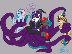 Size: 2048x1536 | Tagged: safe, artist:blazep0ny, derpibooru import, oc, oc:chrysocolla dawn, oc:darky, oc:flare, oc:swirl the pegahorse, bat pony, monster pony, octopony, original species, pegasus, cute, hug, sleepy, tentacles