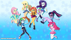 Size: 1920x1080 | Tagged: safe, artist:charliexe, edit, applejack, fluttershy, pinkie pie, rainbow dash, rarity, sci-twi, spike, spike the regular dog, sunset shimmer, twilight sparkle, dog, better together, equestria girls, clothes, glasses, humane five, humane seven, humane six, legs, schrödinger's pantsu, shoes, sneakers, wallpaper, wallpaper edit