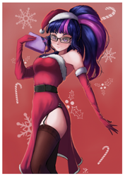 Size: 848x1200 | Tagged: safe, artist:the-park, twilight sparkle, equestria girls, bare shoulders, christmas, clothes, costume, female, garters, glasses, hat, holiday, santa costume, santa hat, side slit, simple background, sleeveless, solo, stockings, strapless, thigh highs
