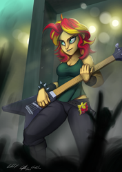 Size: 2480x3508 | Tagged: safe, artist:gabbslines, sunset shimmer, human, equestria girls, clothes, concert, crowd, female, guitar, heavy metal, high res, pants, playing, signature, silhouette, spiked wristband, sunset shredder, wristband